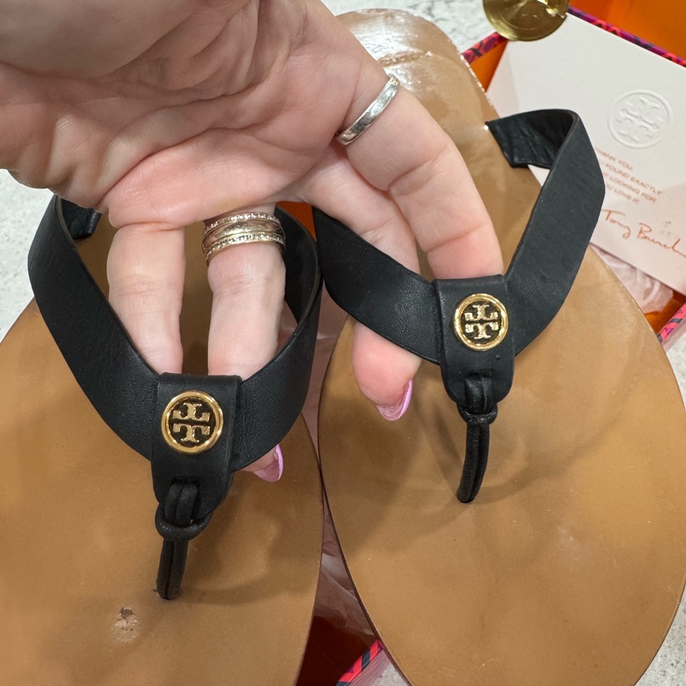 Tory Burch Black and Brown Thong Sandals